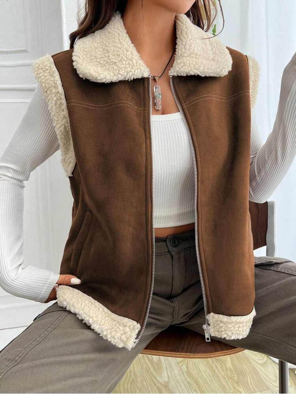 Vintage Brown suede vest with sherpa lining